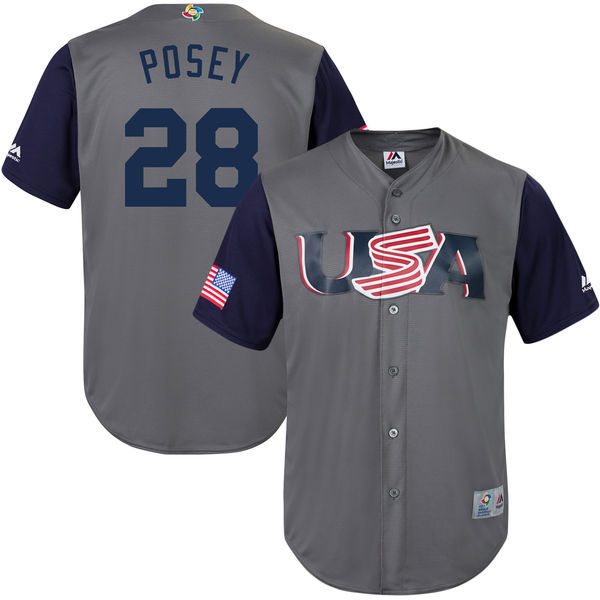 customized Men USA Baseball #28 Buster Posey Gray 2017 World Baseball Classic Replica Jersey
